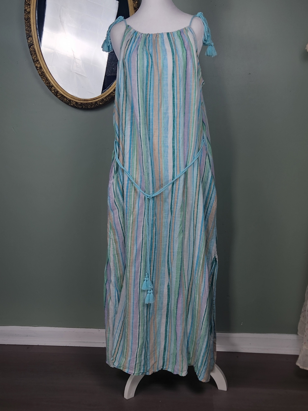 Time and Tru Blue and White Striped Tassel Tie Maxi Dress